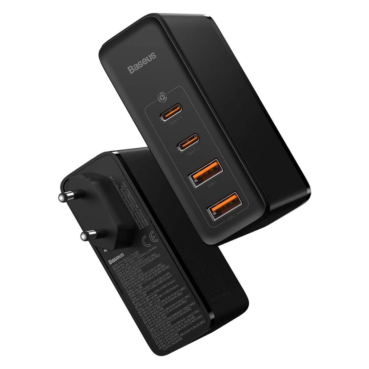 Kép 5/19 - Baseus hálózati töltő, GaN2 Pro gyorstöltő, C+C+U+U, PD 3.0, gyorstöltő 4.0, 100W, fekete (CCGAN2P
