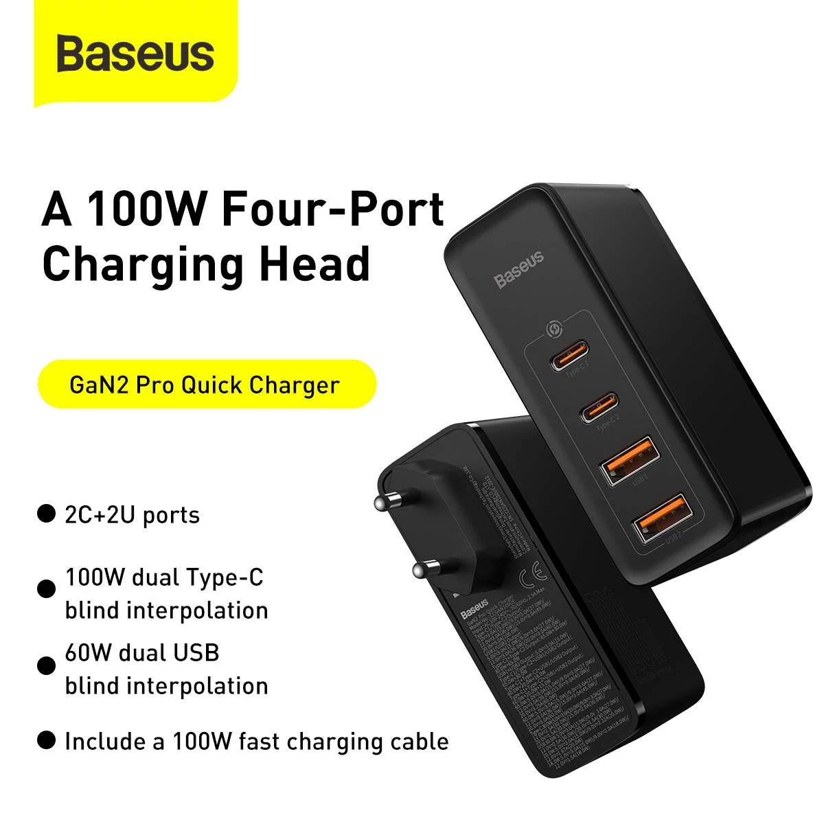 Kép 6/19 - Baseus hálózati töltő, GaN2 Pro gyorstöltő, C+C+U+U, PD 3.0, gyorstöltő 4.0, 100W, fekete (CCGAN2P