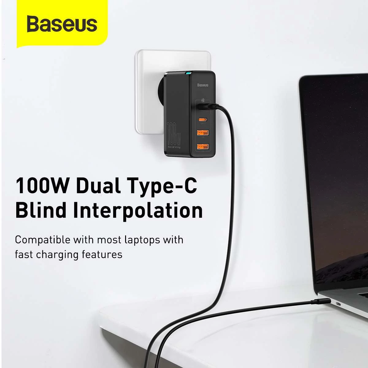 Kép 8/19 - Baseus hálózati töltő, GaN2 Pro gyorstöltő, C+C+U+U, PD 3.0, gyorstöltő 4.0, 100W, fekete (CCGAN2P