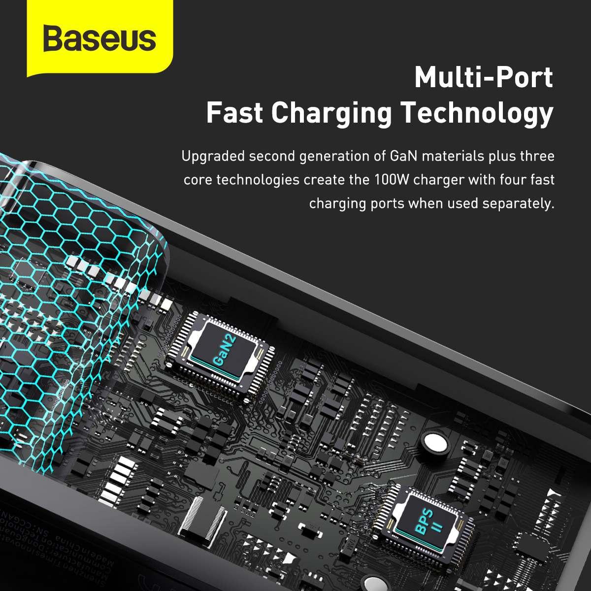 Kép 9/19 - Baseus hálózati töltő, GaN2 Pro Gyors töltő, C+C+U+U, PD 3.0, gyors töltő 4.0, 100W, fekete (CCGAN2P-B02)