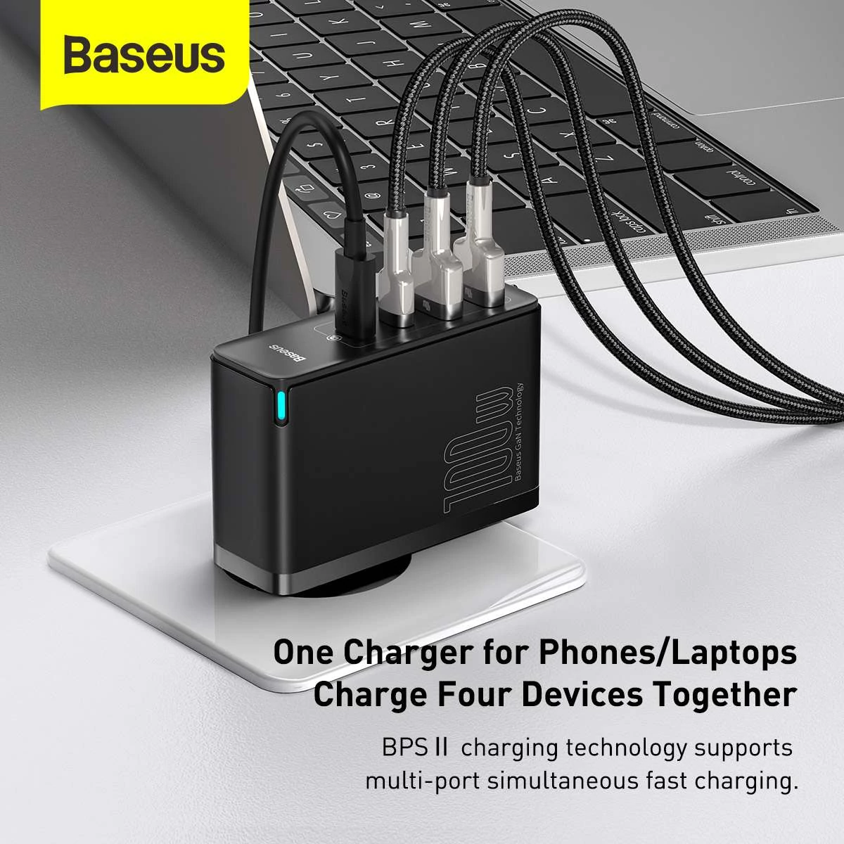 Kép 10/19 - Baseus hálózati töltő, GaN2 Pro gyorstöltő, C+C+U+U, PD 3.0, gyorstöltő 4.0, 100W, fekete (CCGAN2P