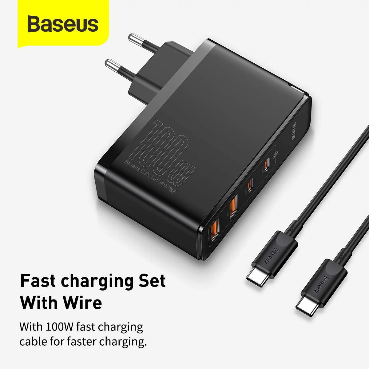 Kép 11/19 - Baseus hálózati töltő, GaN2 Pro gyorstöltő, C+C+U+U, PD 3.0, gyorstöltő 4.0, 100W, fekete (CCGAN2P