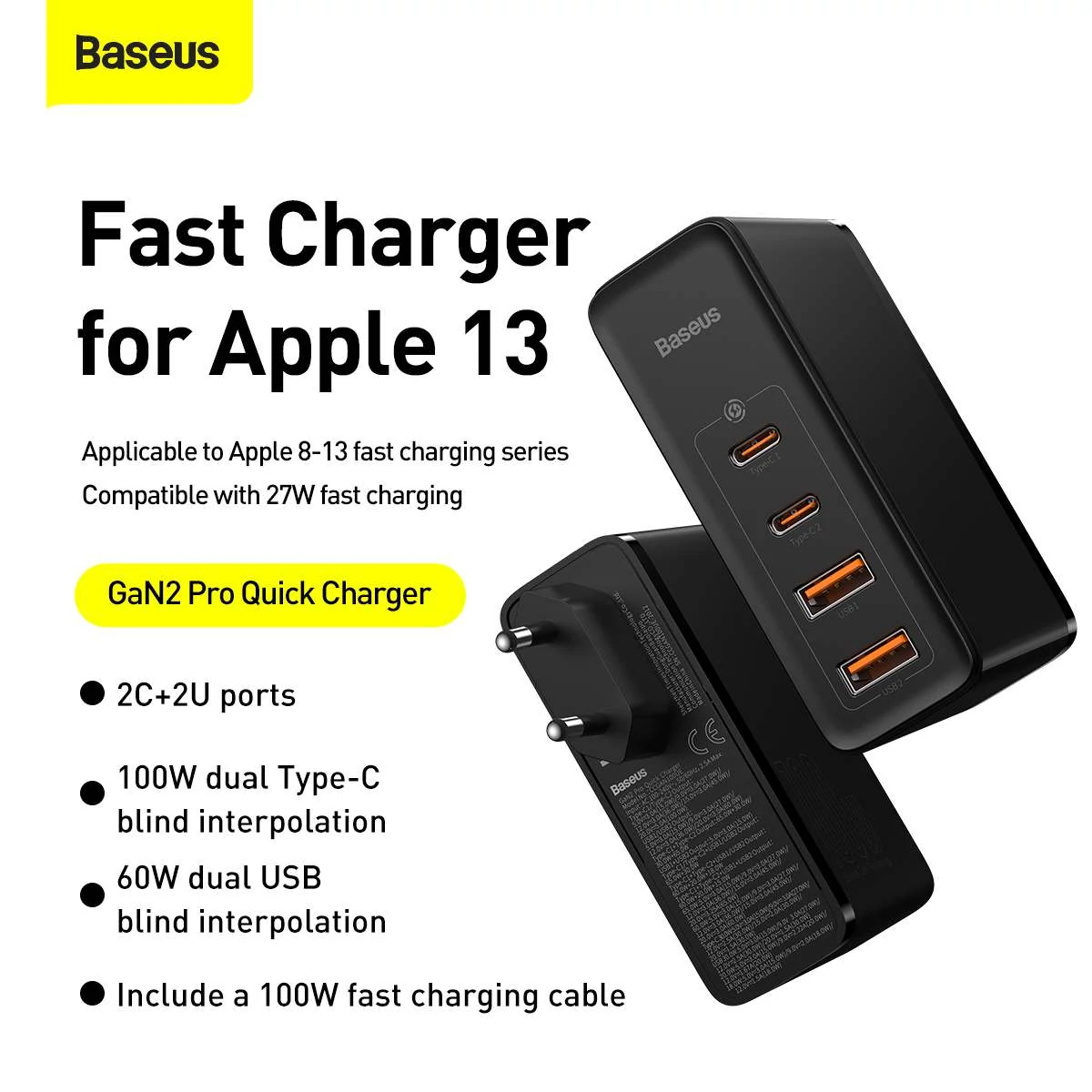 Kép 16/19 - Baseus hálózati töltő, GaN2 Pro gyorstöltő, C+C+U+U, PD 3.0, gyorstöltő 4.0, 100W, fekete (CCGAN2P