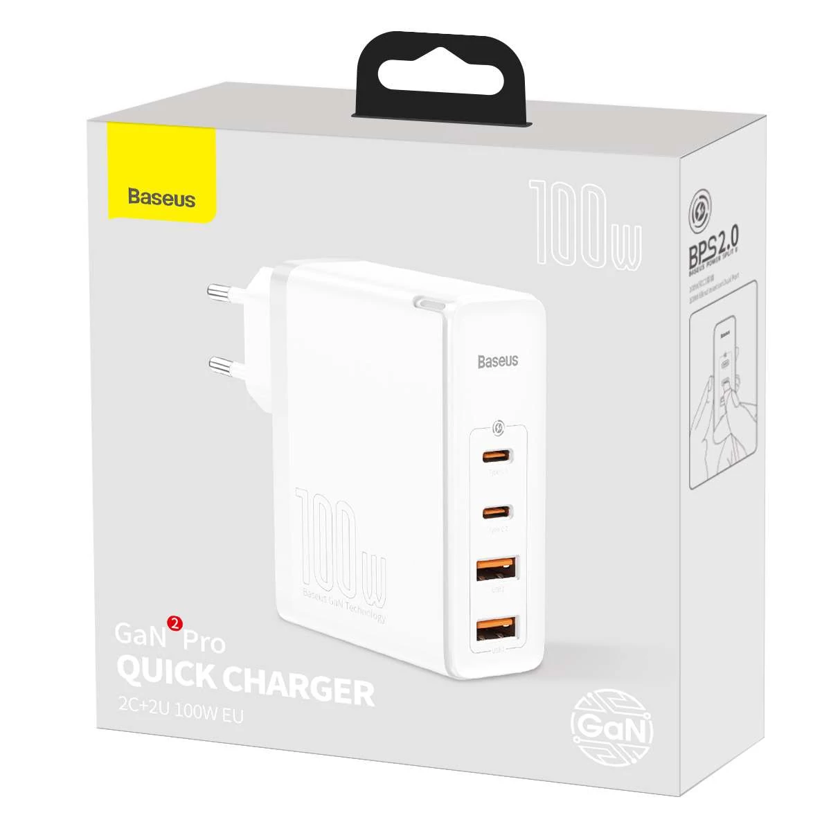 Baseus hálózati töltő, GaN2 Pro Gyors töltő, C+C+U+U, PD 3.0, gyors töltő 4.0, 100W, fehér (CCGAN2P-L02)