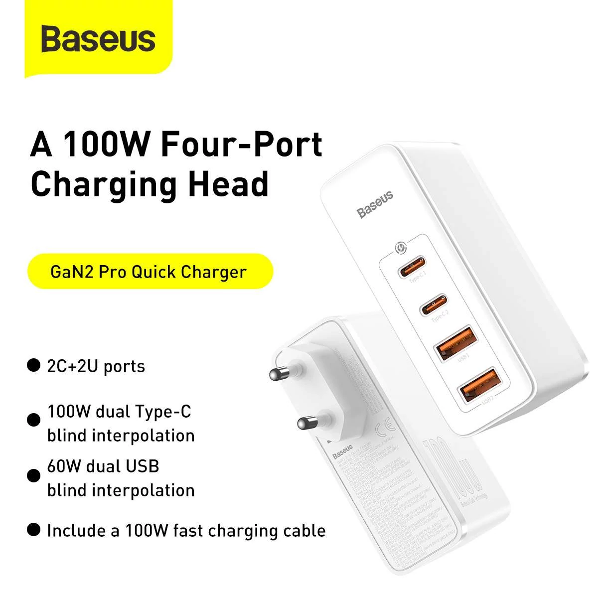 Kép 6/19 - Baseus hálózati töltő, GaN2 Pro gyorstöltő100W, fehér (CCGAN2P-L02)