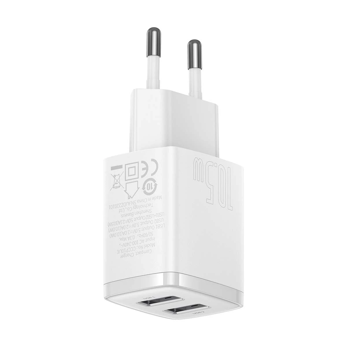 Kép 6/17 - Baseus hálózati töltő, Compact töltő U+U, 10.5W, EU, fehér (CCXJ010202)