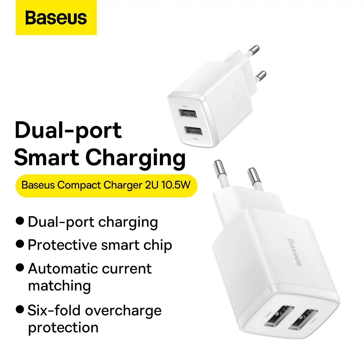 Kép 12/17 - Baseus hálózati töltő, Compact töltő U+U, 10.5W, EU, fehér (CCXJ010202)
