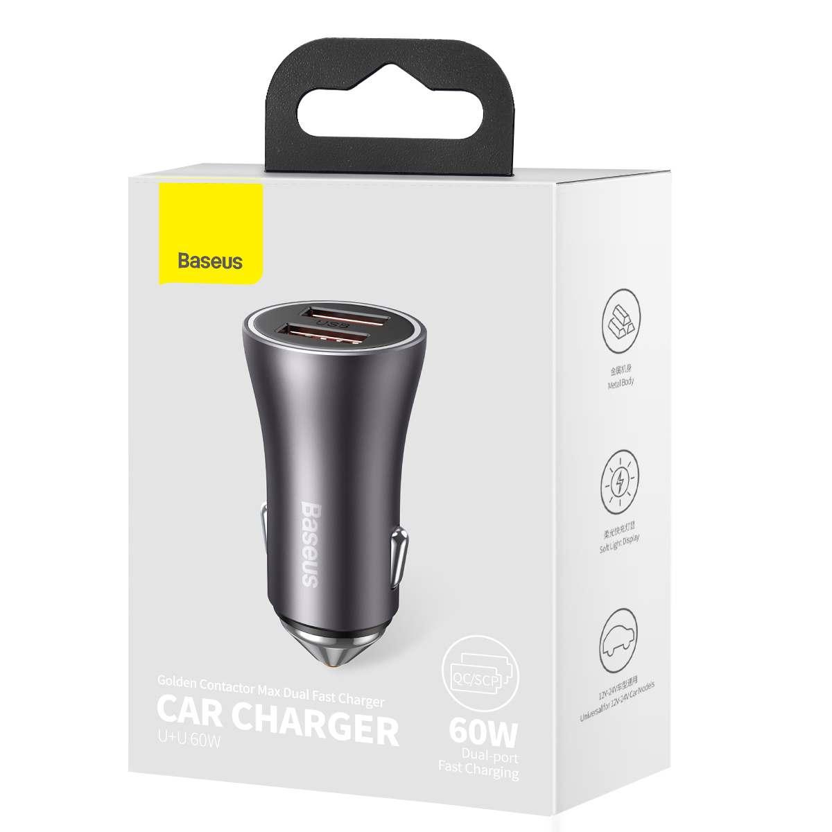 Baseus autós töltő, Golden Contractor Max Dupla gyors töltő U+U, 60W, sötét szürke (CGJM000013)