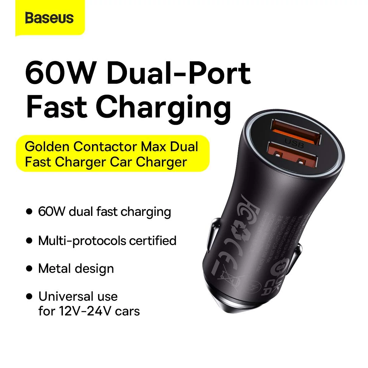 Kép 8/16 - Baseus autós töltő, Golden Contractor Max Dupla gyorstöltő U+U, 60W, sötét szürke (CGJM000013)