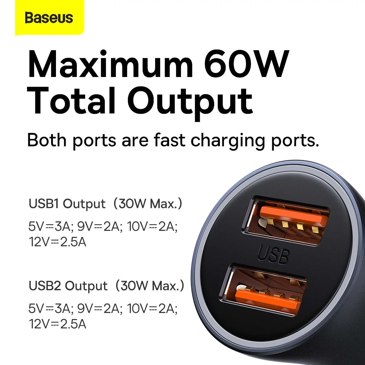 Kép 9/16 - Baseus autós töltő, Golden Contractor Max Dupla gyorstöltő U+U, 60W, sötét szürke (CGJM000013)