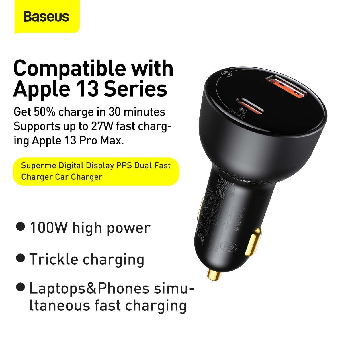 Kép 8/18 - Baseus autós töltő, Supreme gyors töltés U+C, PD 3.0, gyors töltő 3.0, SCP FCP AFC (Type-C - Type-C kábellel, 100W (20V/5A) 1m) 100W, fekete (TZCCZX-01)