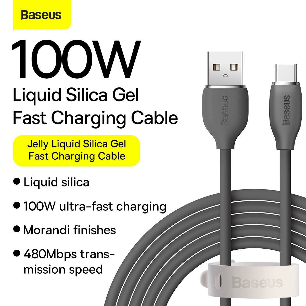 Kép 6/18 - Baseus Type-C kábel, Jelly Liquid Silica Gel kábel, 100W, 2m, szürke (CAGD010101)