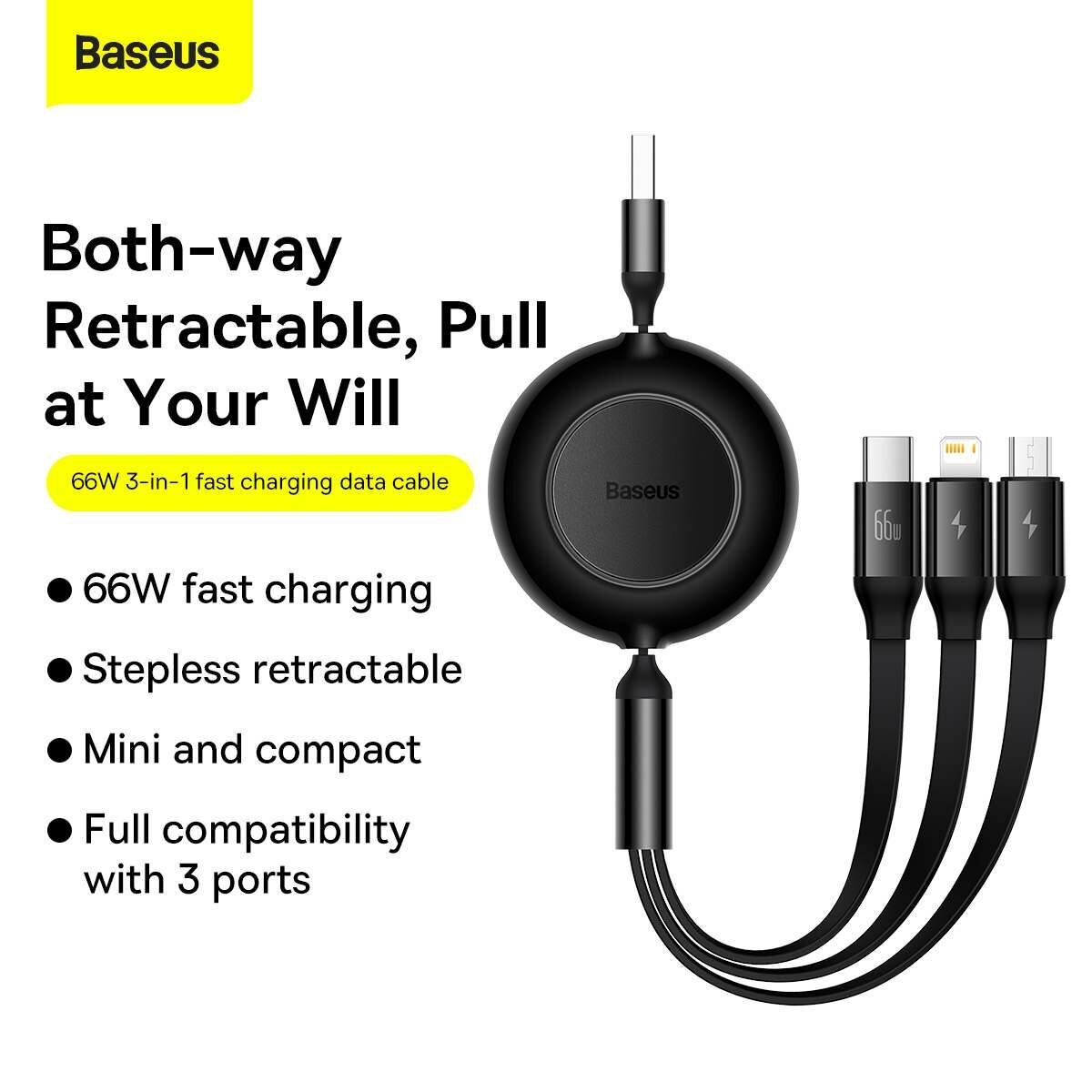 Kép 5/18 - Baseus Univerzális kábel, Bright Mirror 2 3-in-1, visszahúzható, USB - Micro USB / Lightning / USB Type-C, 66W, 1.1m, fekete (CAMJ010101)