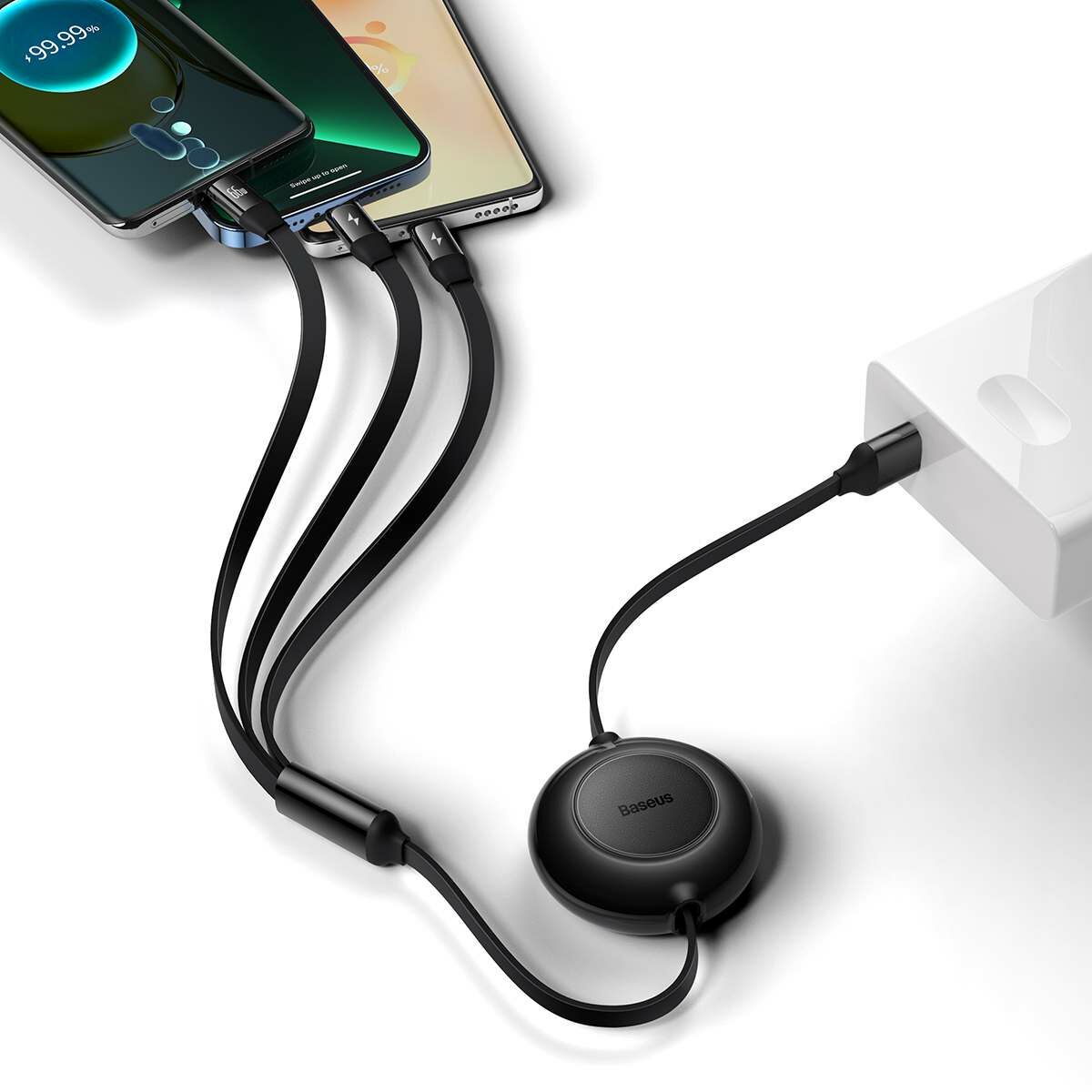 Kép 12/18 - Baseus Univerzális kábel, Bright Mirror 2 3-in-1, visszahúzható, USB - Micro USB / Lightning / USB Type-C, 66W, 1.1m, fekete (CAMJ010101)