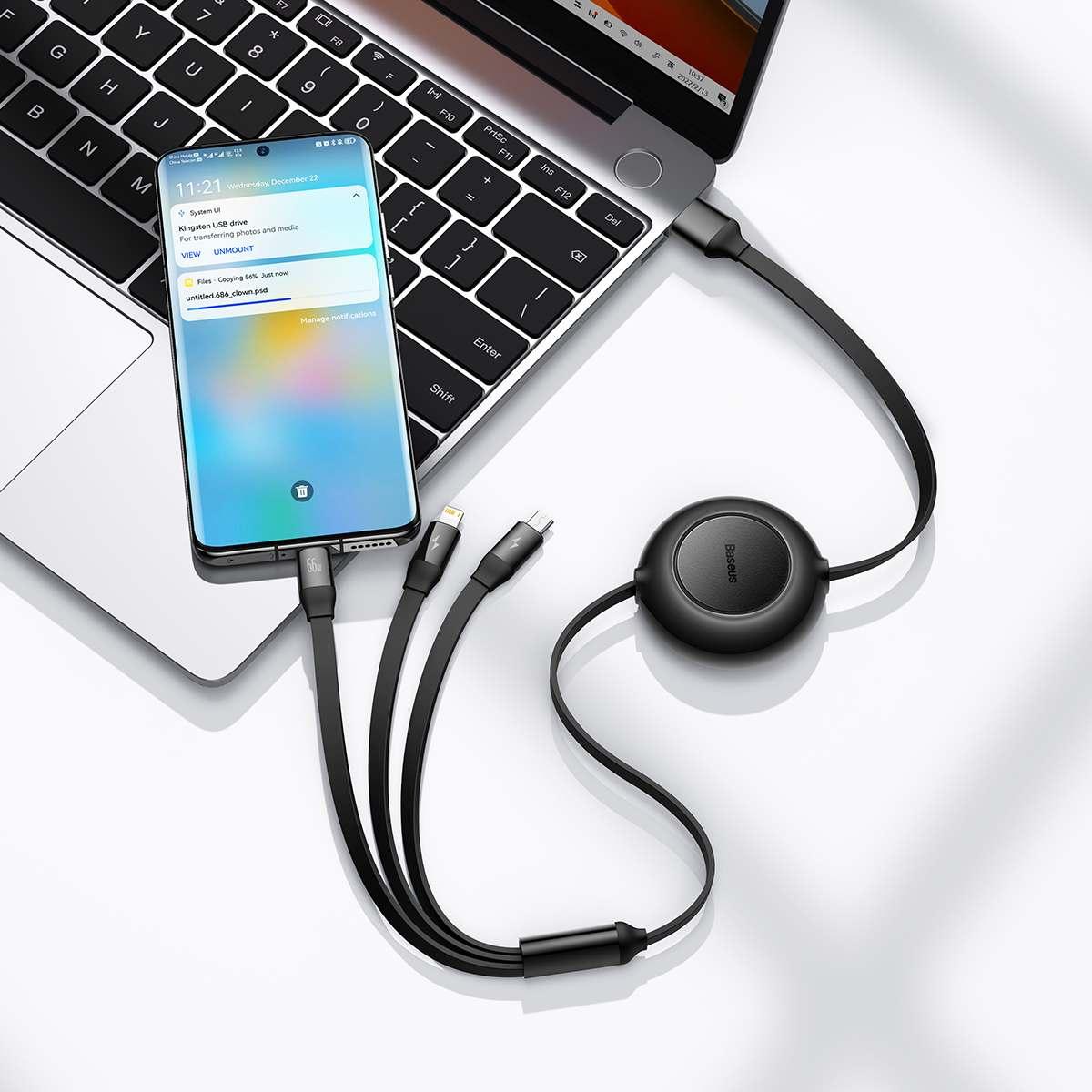 Kép 13/18 - Baseus Univerzális kábel, Bright Mirror 2 3-in-1, visszahúzható, USB - Micro USB / Lightning / USB Type-C, 66W, 1.1m, fekete (CAMJ010101)