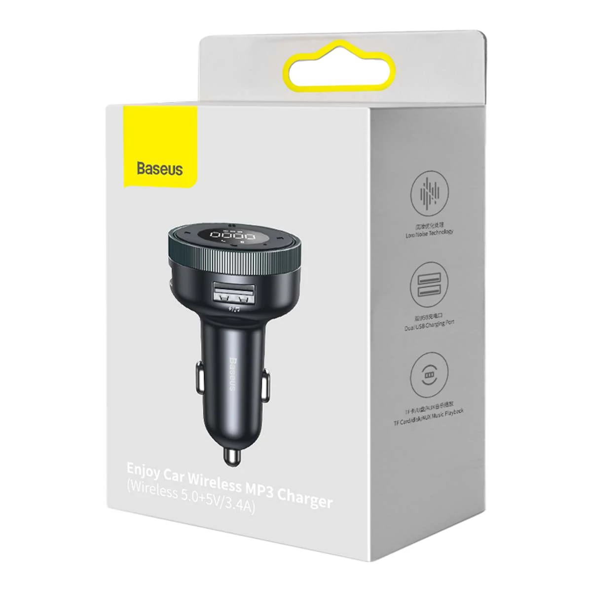 Baseus autós töltő, Bluetooth Fm Transmitter Enjoy Car, LED kijelzővel, vezeték nélküli, U+U+3,5mm audio+TF MP3 Charger, BT 5.0, 3.4A, fekete (CCLH-01)