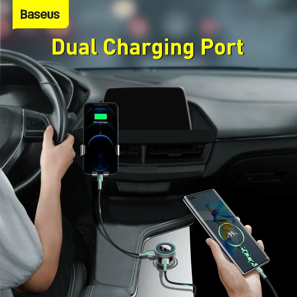 Kép 9/19 - Baseus autós töltő, Bluetooth Fm Transmitter Enjoy Car, LED kijelzővel, vezeték nélküli, U+U+3,5mm audio+TF MP3 Charger, BT 5.0, 3.4A, fekete (CCLH-01)