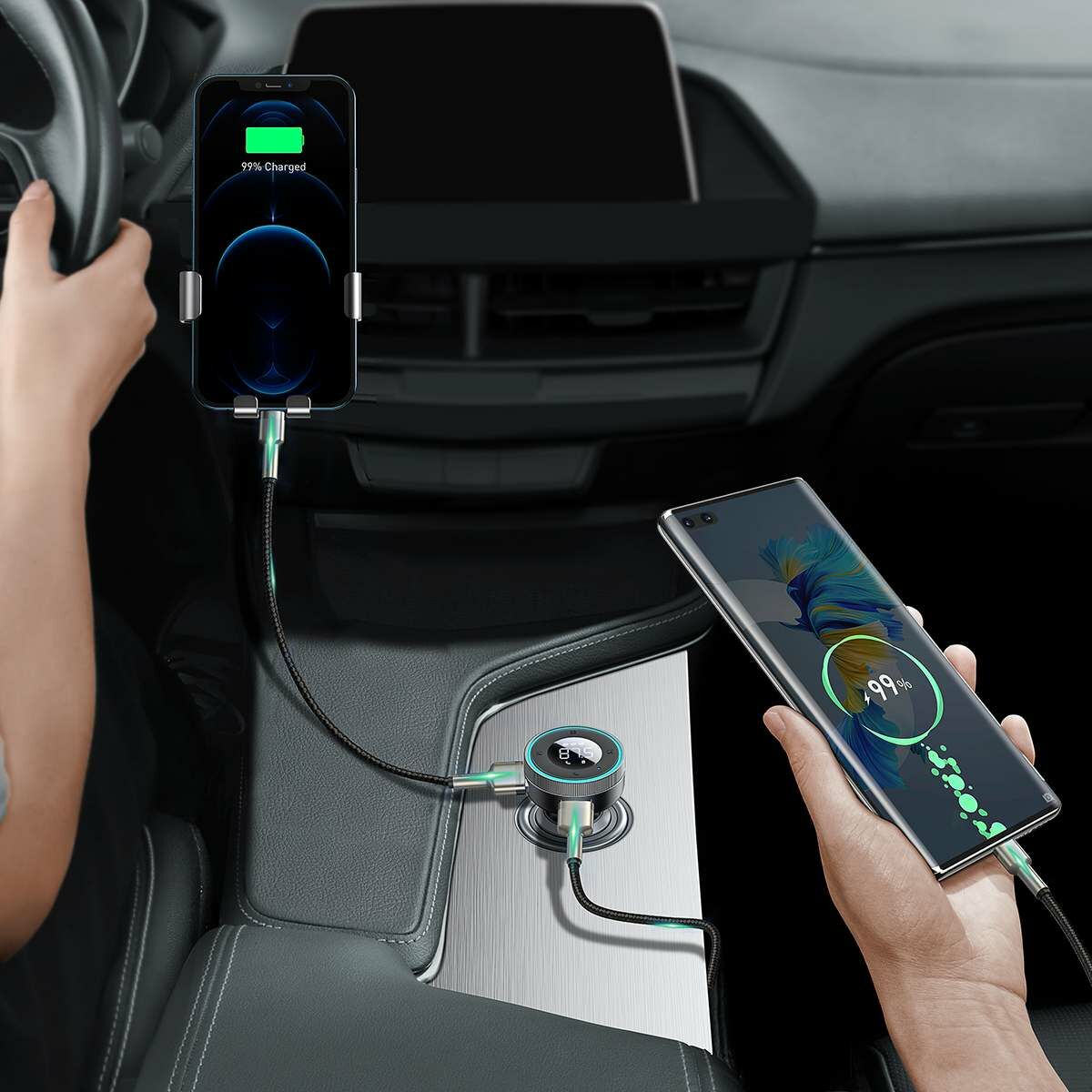 Kép 15/19 - Baseus autós töltő, Bluetooth Fm Transmitter Enjoy Car, LED kijelzővel, vezeték nélküli, U+U+3,5mm audio+TF MP3 Charger, BT 5.0, 3.4A, fekete (CCLH-01)