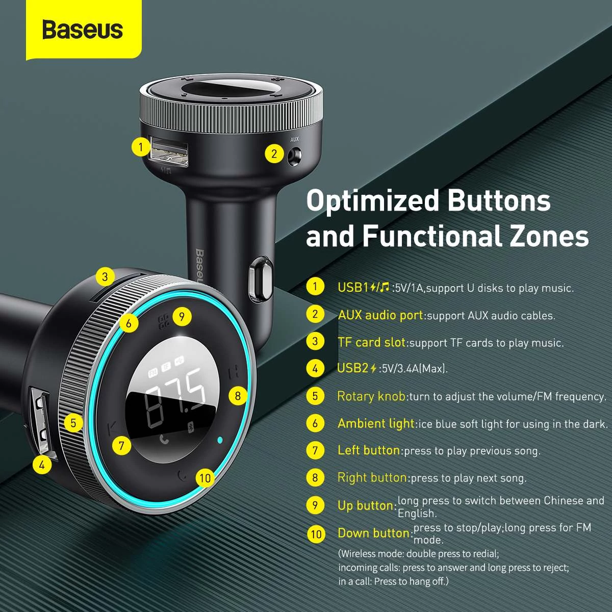 Kép 19/19 - Baseus autós töltő, Bluetooth Fm Transmitter Enjoy Car, LED kijelzővel, vezeték nélküli, U+U+3,5mm a