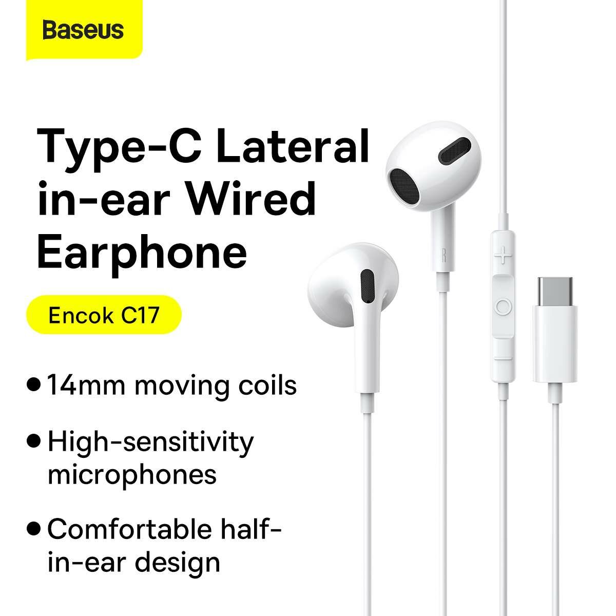 Kép 8/17 - Baseus fülhallgató, Encok C17, Type-C, vezetékes, mikrofonnal, fehér (NGCR010002)