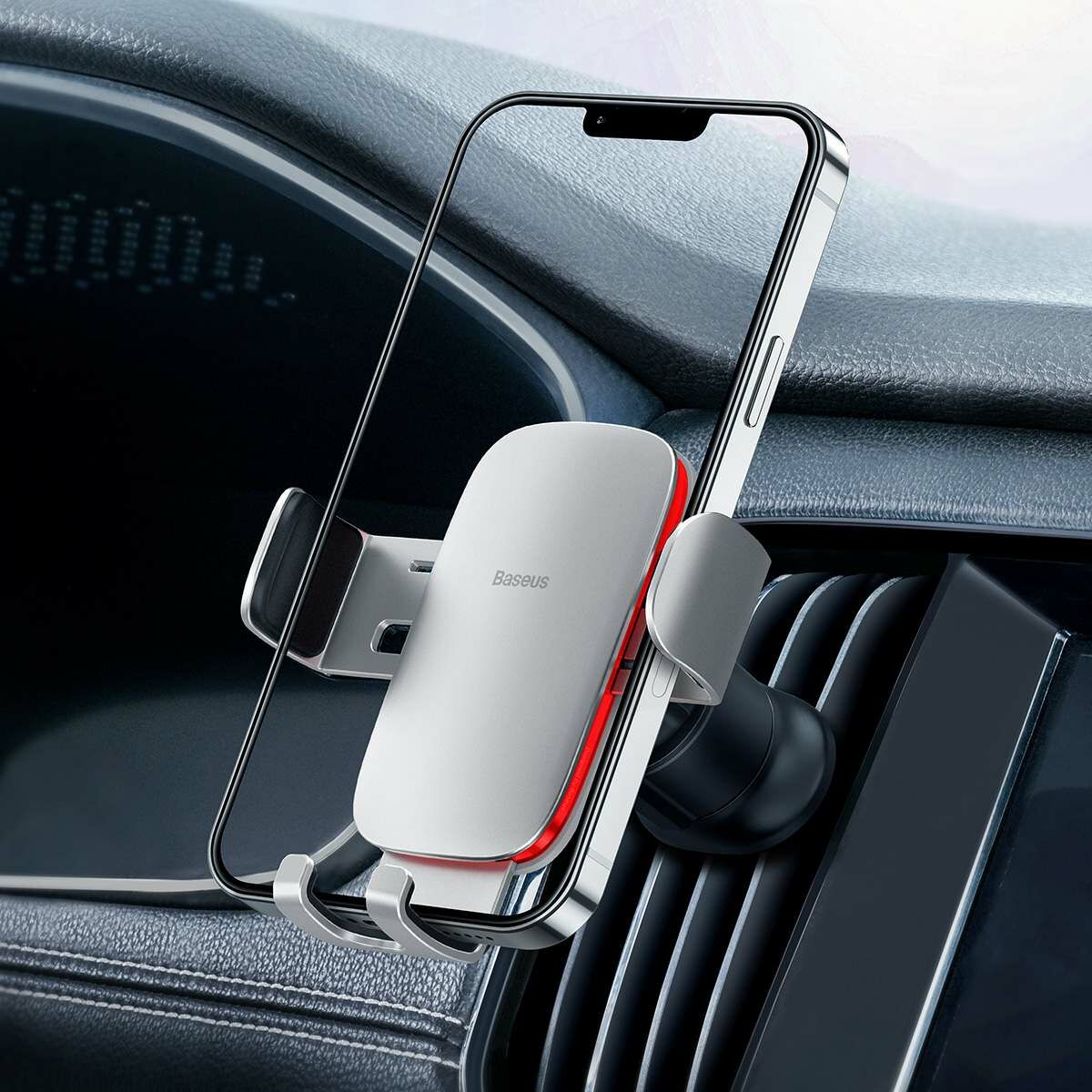 Kép 8/17 - Baseus autós telefon tartó, Metal Age II Gravity, függőleges és vízszintes szellőzőrácsra, ezüst (SUJS000012)
