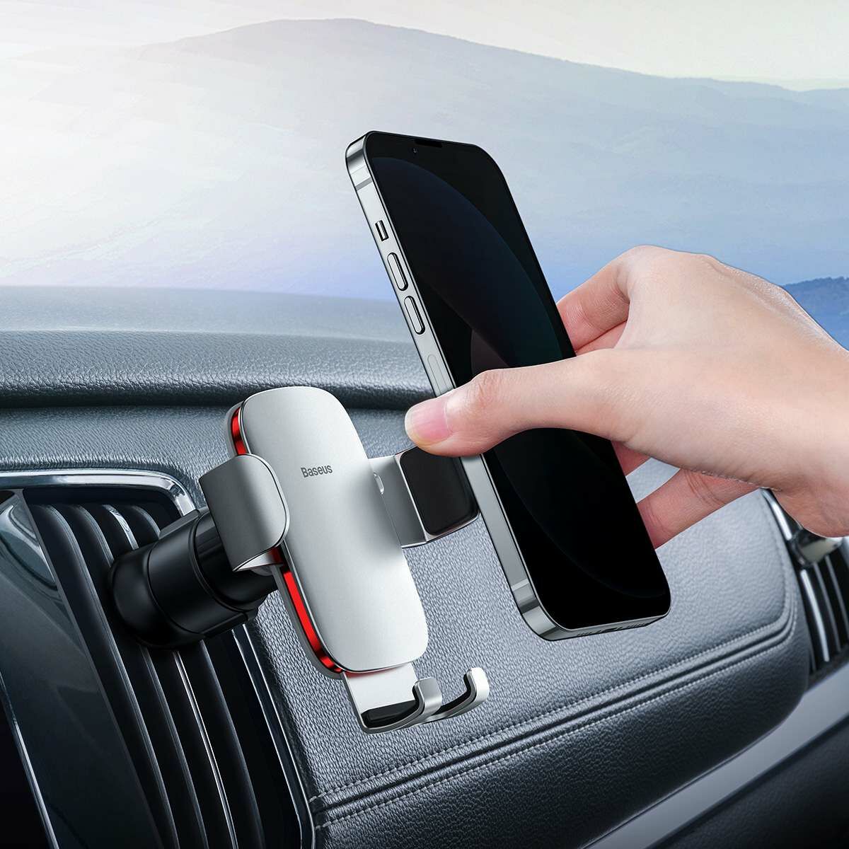 Kép 10/17 - Baseus autós telefon tartó, Metal Age II Gravity, függőleges és vízszintes szellőzőrácsra, ezüst (SUJS000012)