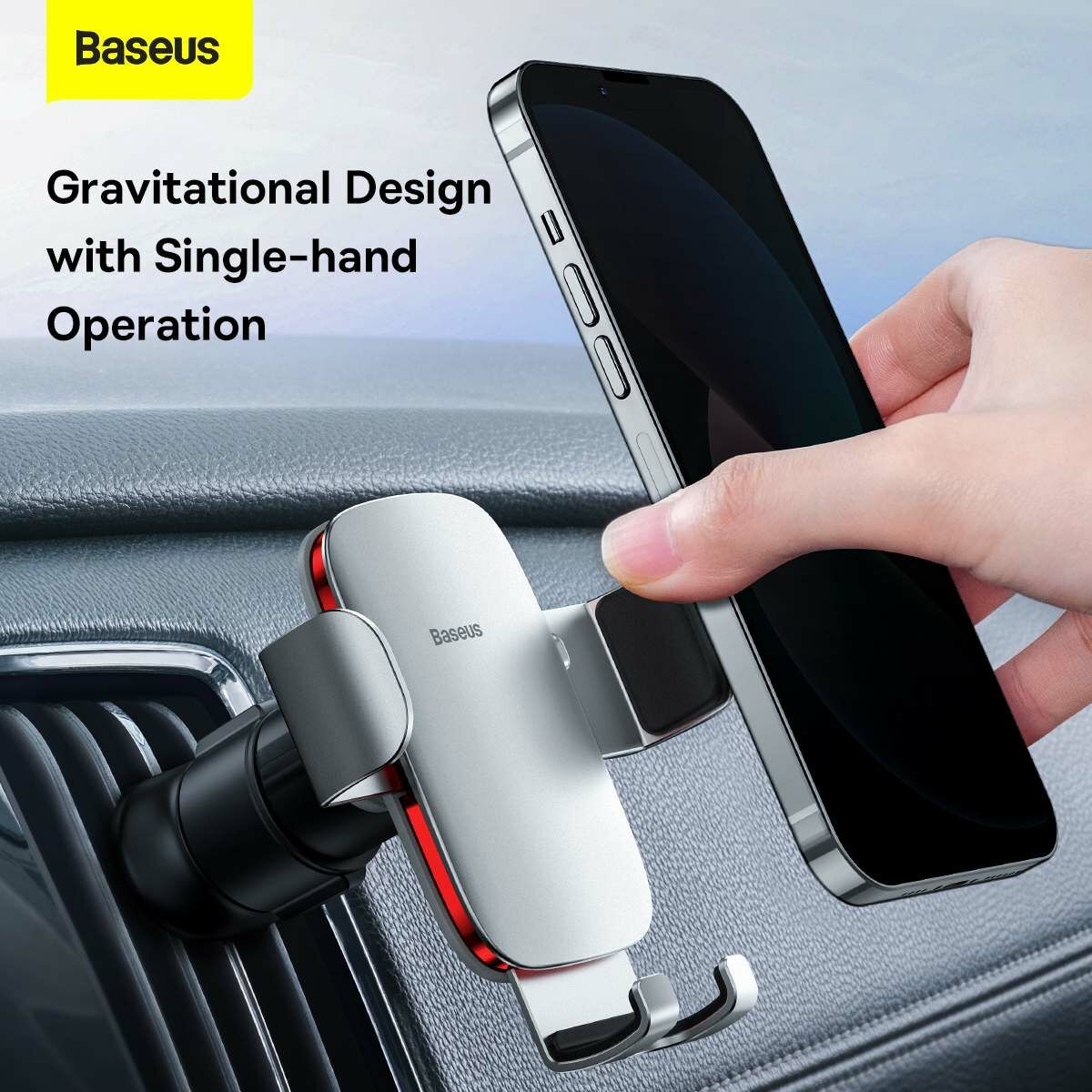 Kép 17/17 - Baseus autós telefon tartó, Metal Age II Gravity, függőleges és vízszintes szellőzőrácsra, ezüst (SUJS000012)