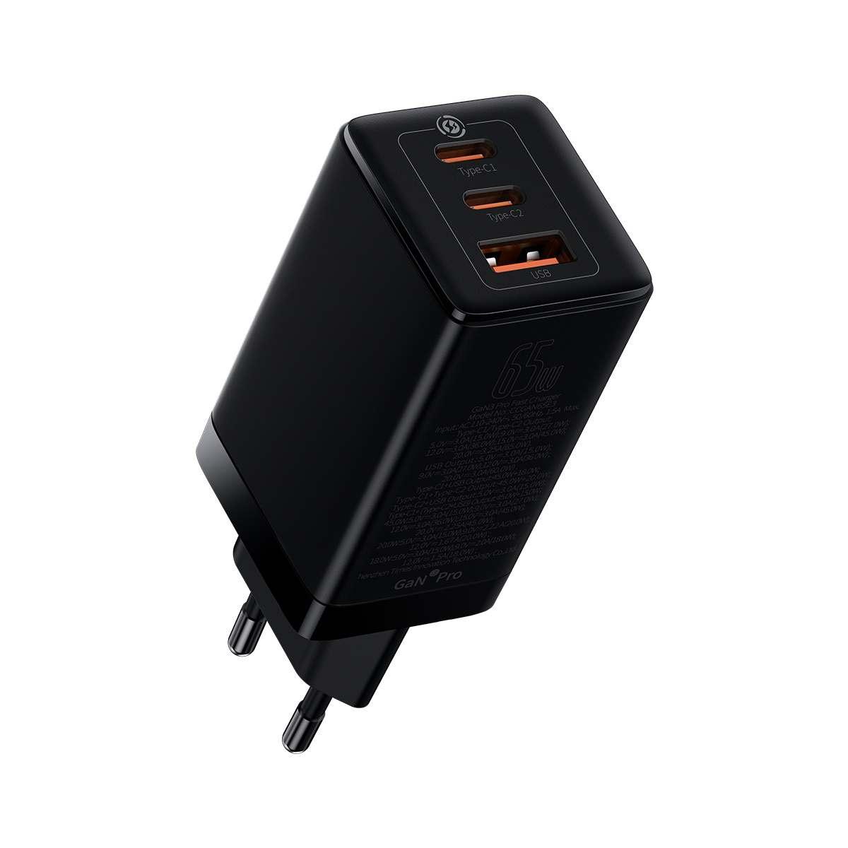 Kép 5/18 - Baseus hálózati töltő, GaN3 Pro Gyors töltő, C+C+U, PD3.0, gyors töltés 4.0 +, AFC (Type-C - Type-C kábellel, 1m) 65W, fekete (CCGP050101)