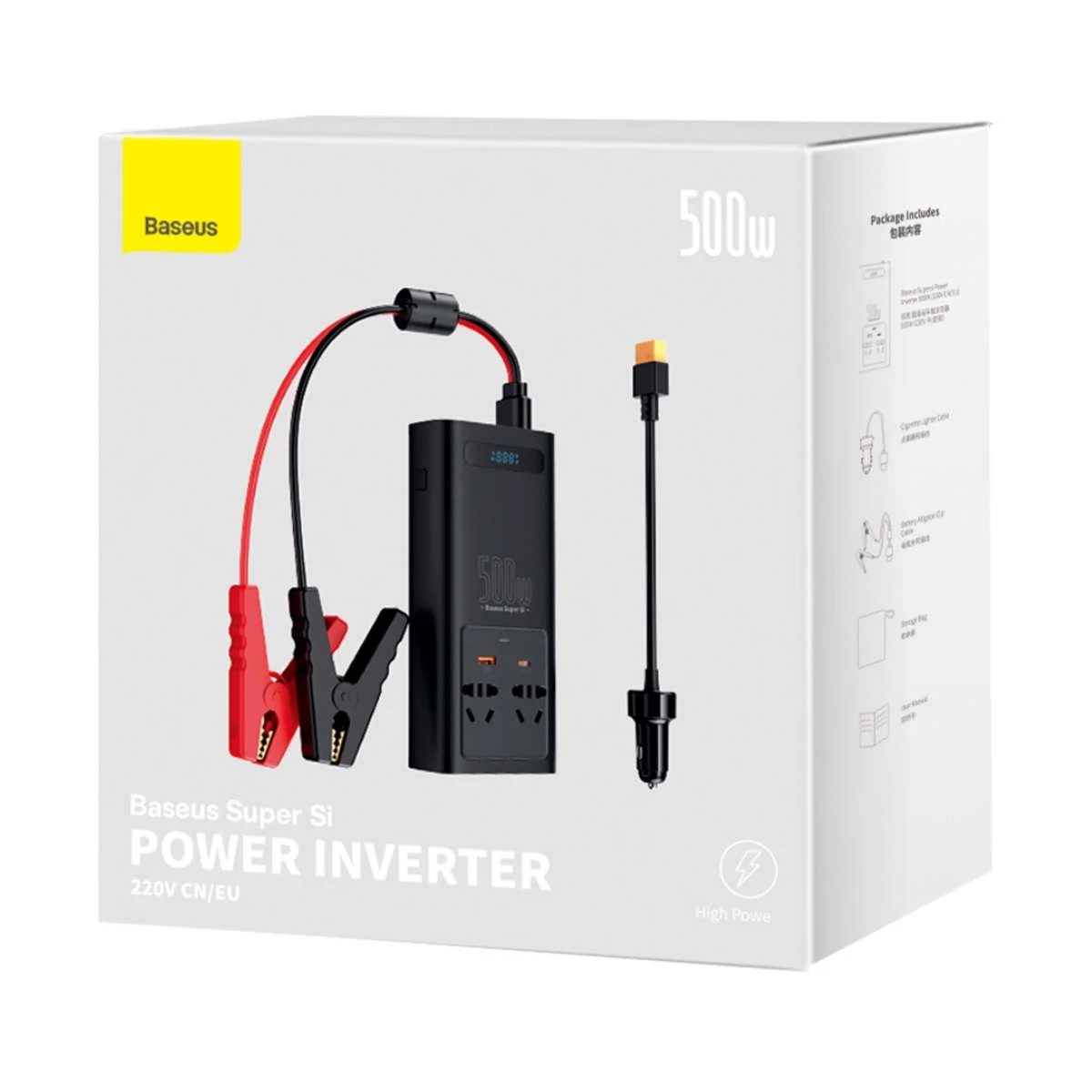 Baseus autós kiegészítő, Power Inverter, áram átalakító, 150W 12V / 500W 220V (Type-C + USB + Dupla EU csatlakozókkal) fekete (CGNB000101)