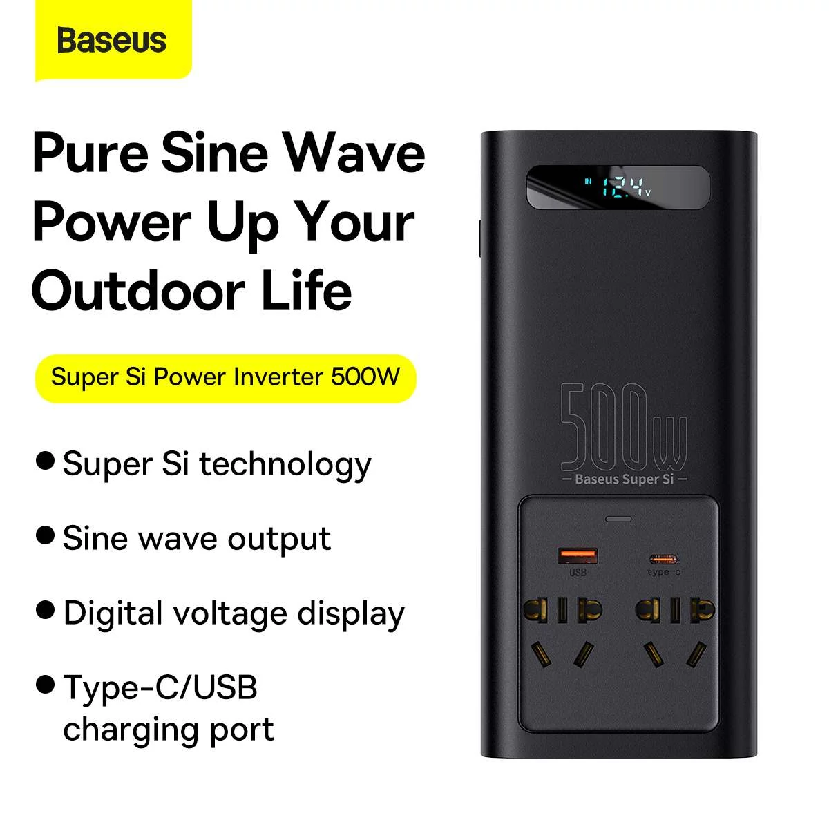 Kép 9/18 - Baseus autós kiegészítő, Power Inverter, áram átalakító, 150W 12V / 500W 220V (Type-C + USB + Dupla
