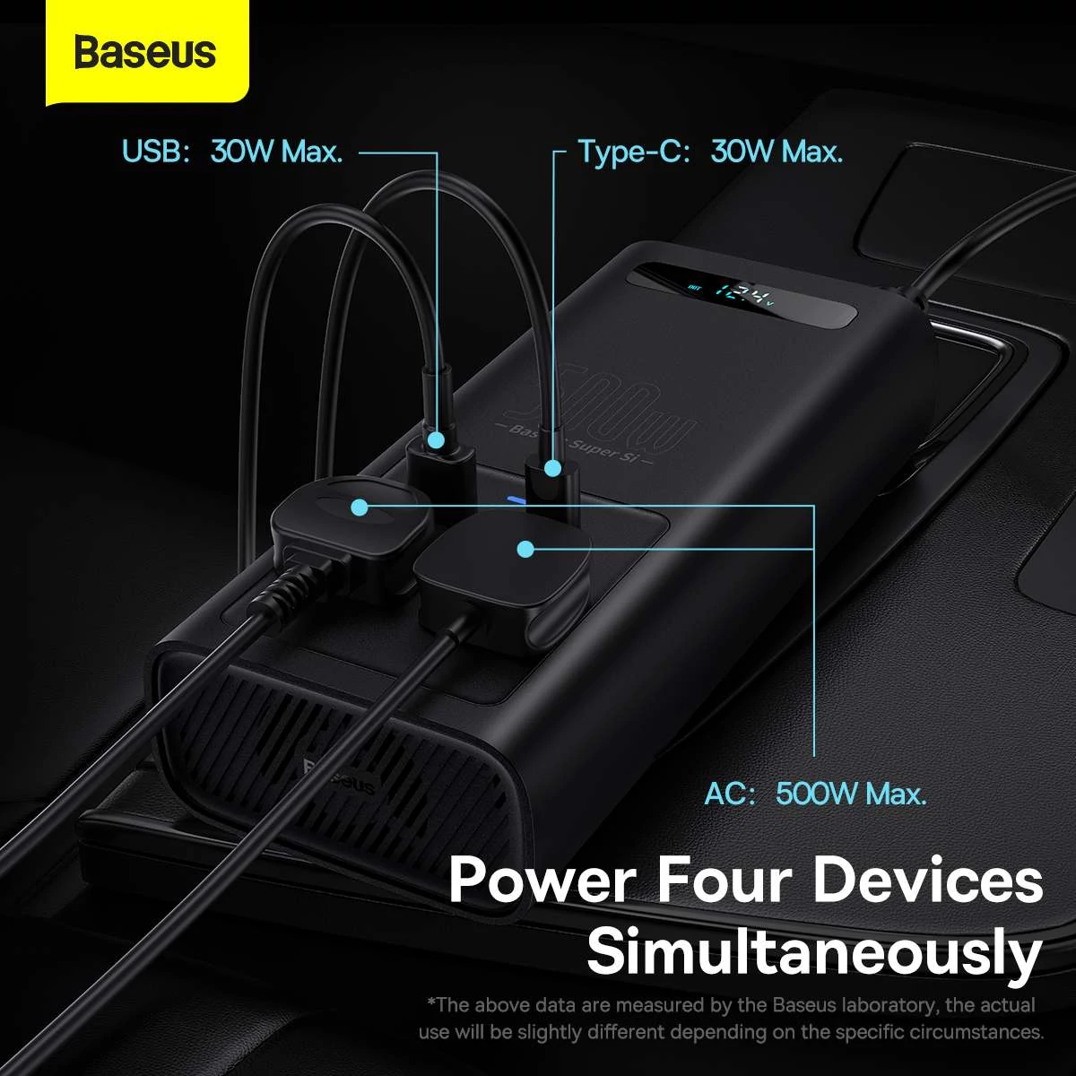 Kép 14/18 - Baseus autós kiegészítő, Power Inverter, áram átalakító, 150W 12V / 500W 220V (Type-C + USB + Dupla