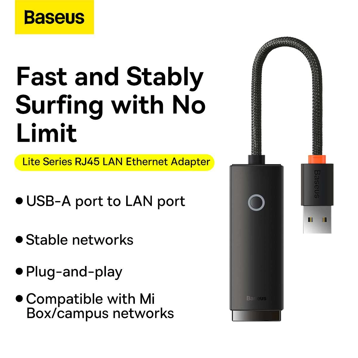 Kép 8/17 - Baseus HUB Lite Series Ethernet (USB-A bemenetről - RJ45 LAN port) adapter, 100Mbps, fekete (WKQX000