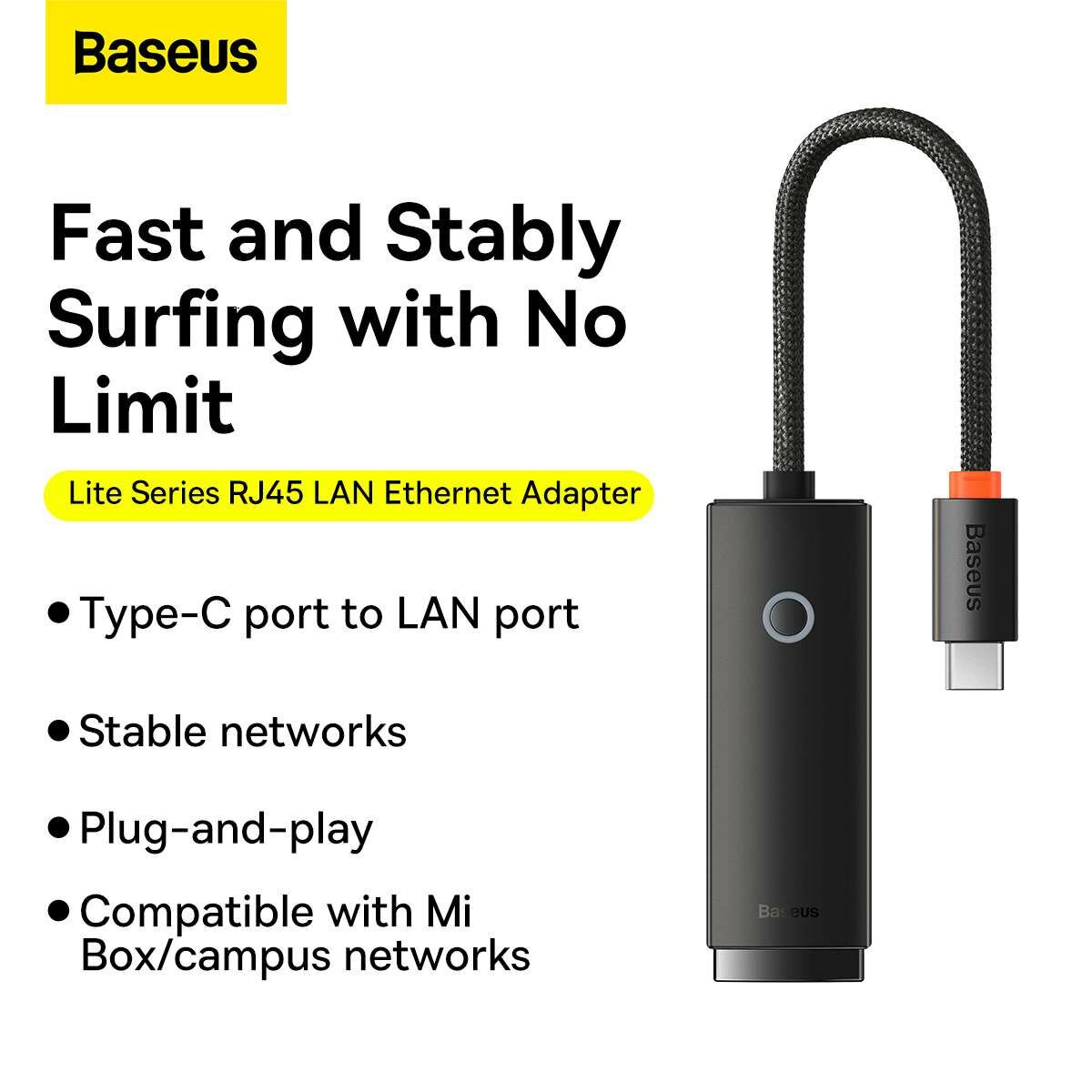 Kép 8/17 - Baseus HUB Lite Series Ethernet (Type-C bemenetről - RJ45 LAN port) adapter, 100Mbps, fekete (WKQX000201)