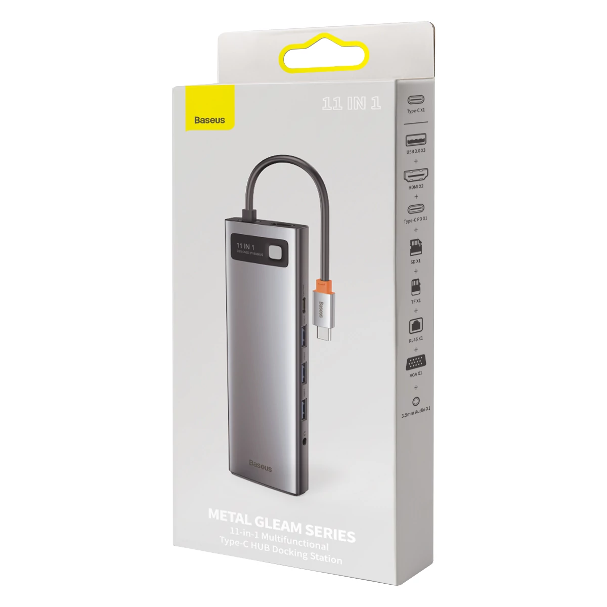 Baseus HUB Metal Gleam Series 11-in-1 Multifunkciós (Type-C to 3xUSB3.2/PD 100W/3,5 mm Jack/VGA Full HD 60Hz/2xHDMI 4K/TF+SD card/ RJ45) Dokkoló, szürke (CAHUB-CT0G)
