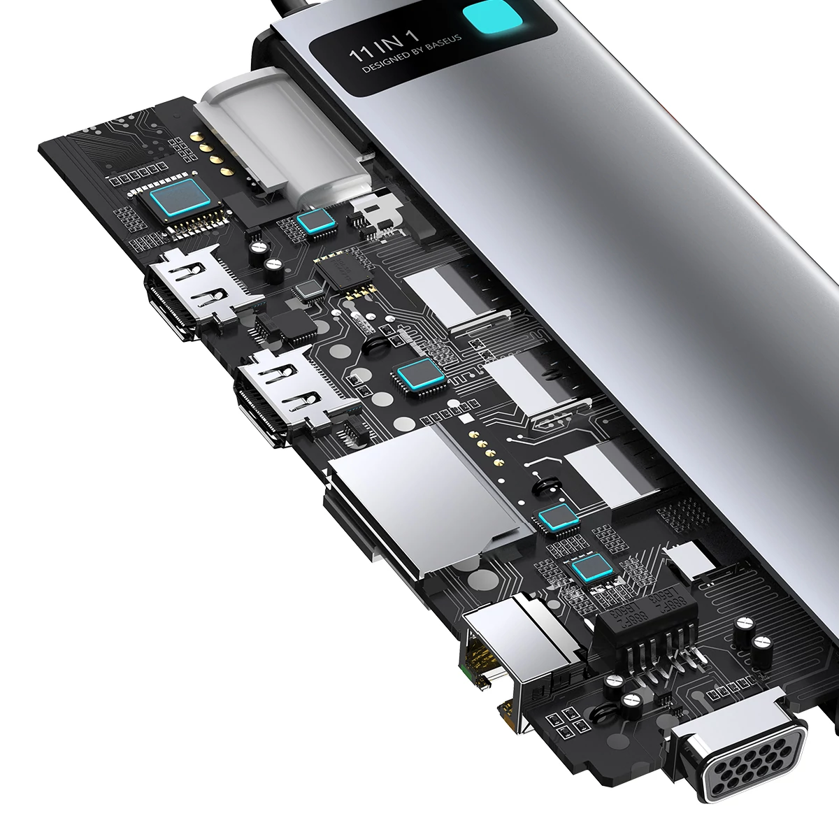 Kép 8/16 - Baseus HUB Metal Gleam Series 11-in-1 Multifunkciós (Type-C to 3xUSB3.2/PD 100W/3,5 mm Jack/VGA Full