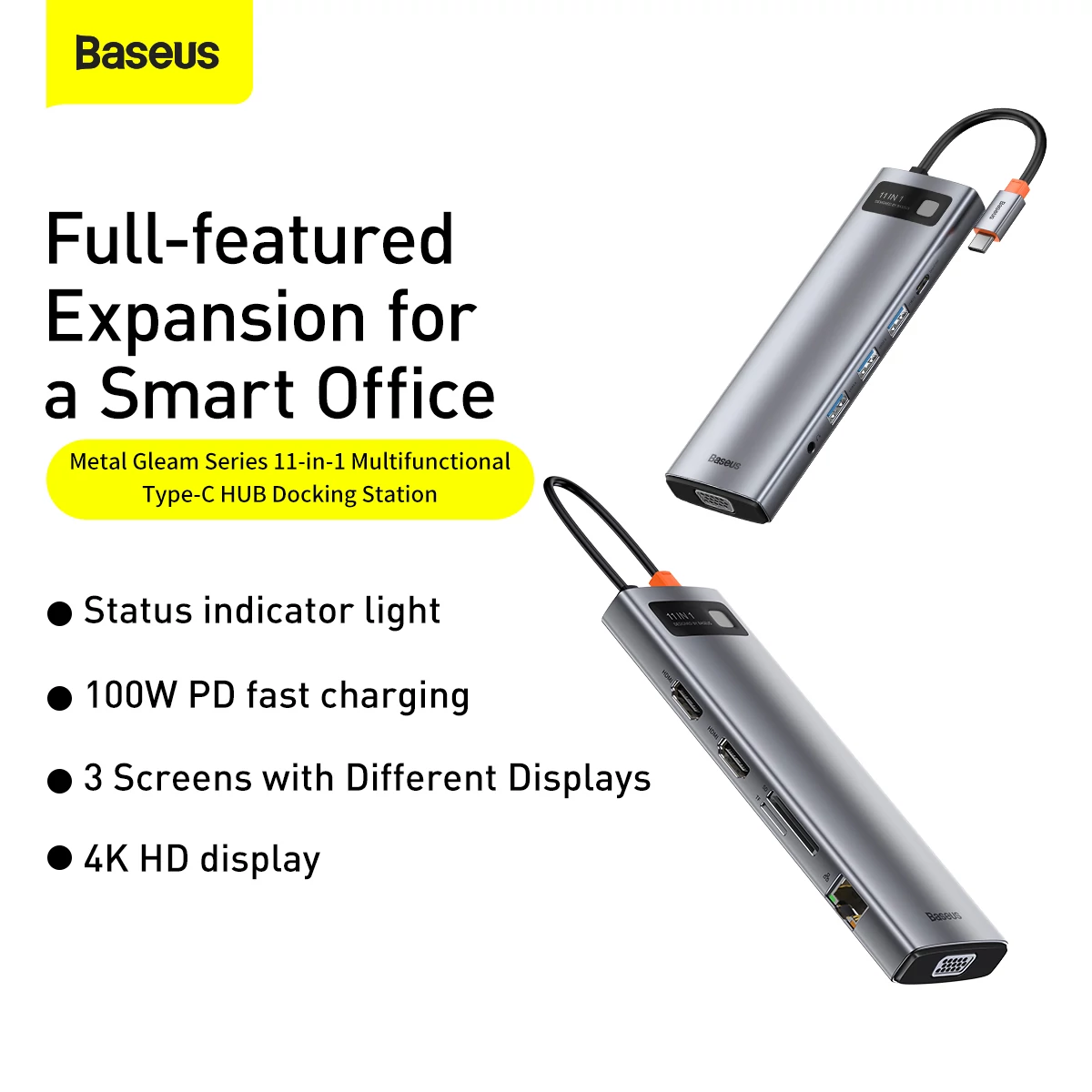 Kép 10/16 - Baseus HUB Metal Gleam Series 11-in-1 Multifunkciós (Type-C to 3xUSB3.2/PD 100W/3,5 mm Jack/VGA Full