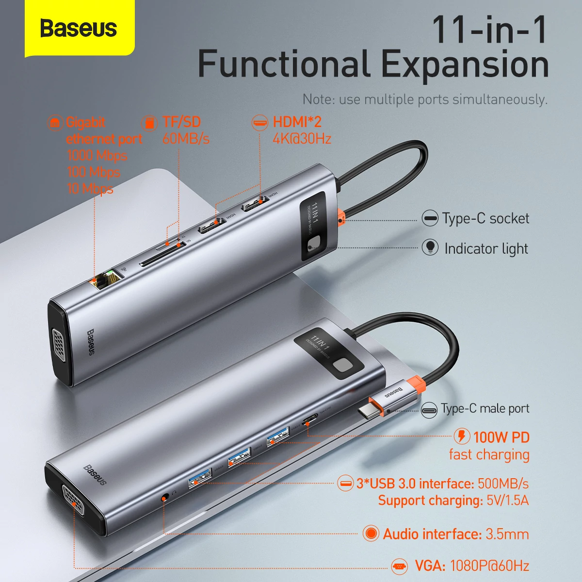 Kép 11/16 - Baseus HUB Metal Gleam Series 11-in-1 Multifunkciós (Type-C to 3xUSB3.2/PD 100W/3,5 mm Jack/VGA Full