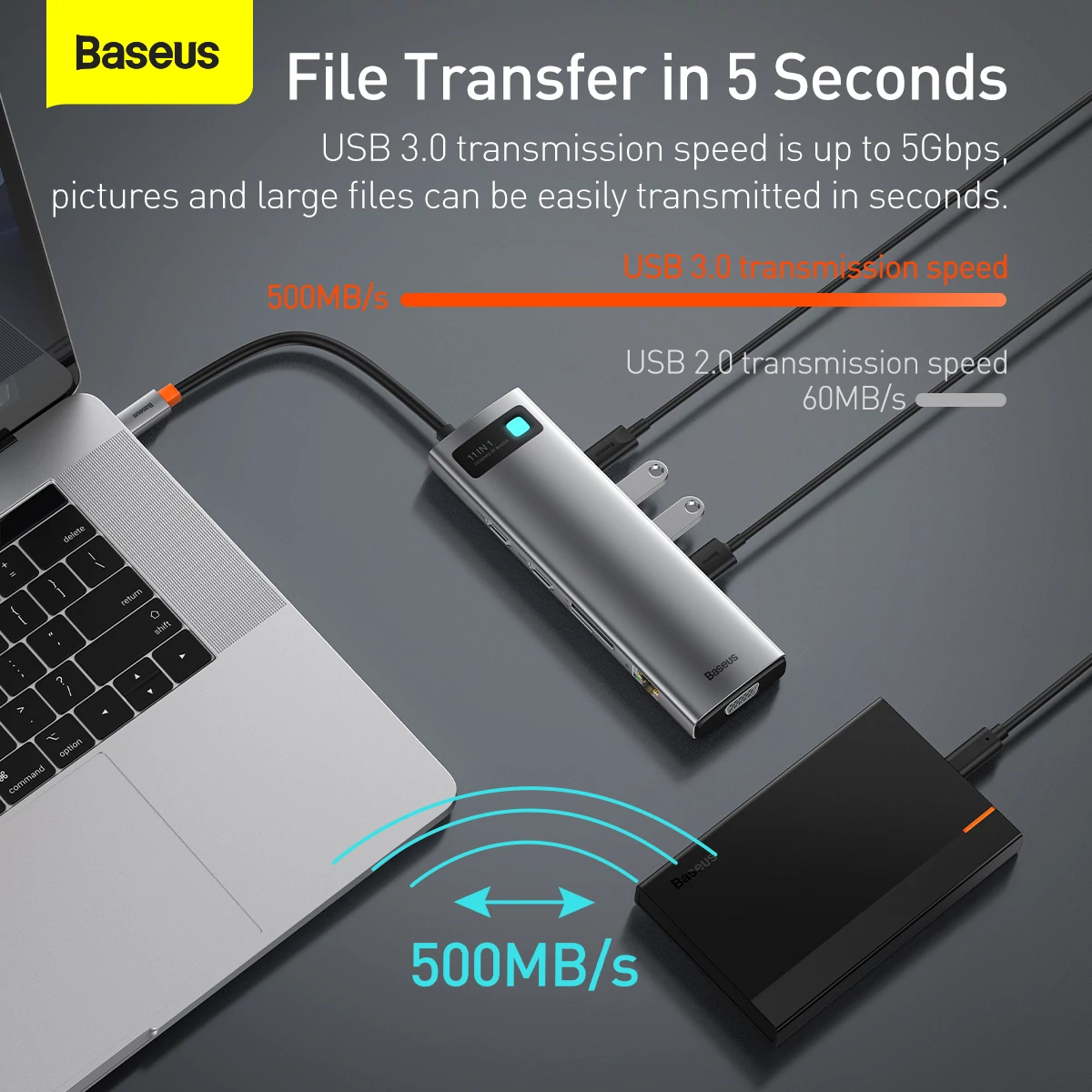 Kép 15/16 - Baseus HUB Metal Gleam Series 11-in-1 Multifunkciós (Type-C to 3xUSB3.2/PD 100W/3,5 mm Jack/VGA Full