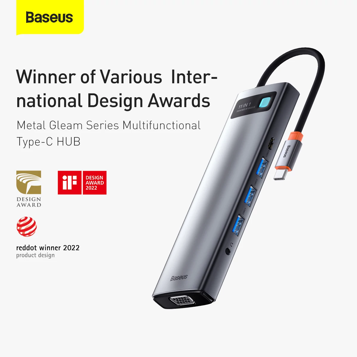 Kép 16/16 - Baseus HUB Metal Gleam Series 11-in-1 Multifunkciós (Type-C to 3xUSB3.2/PD 100W/3,5 mm Jack/VGA Full