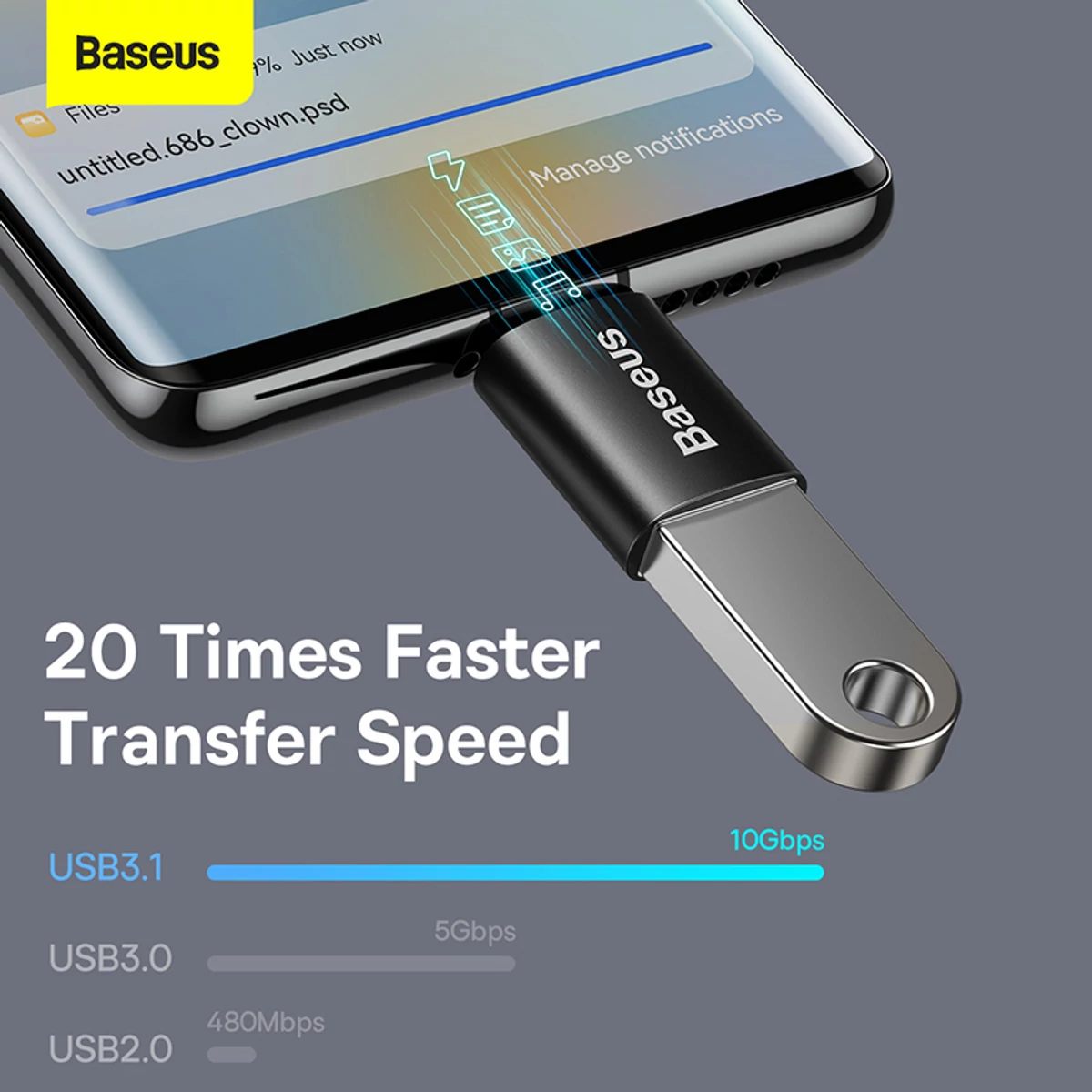Kép 11/15 - Baseus átalakító, Ingenuity Series Mini OTG adapter, USB-A 3.1 [anya] - Type-C [apa], fekete