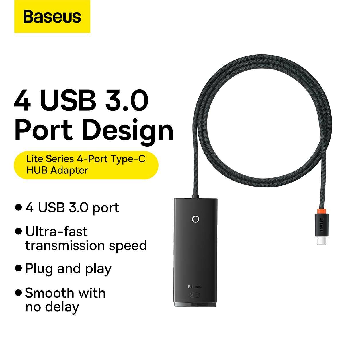 Kép 4/16 - Baseus HUB Lite series 4-in-1 (USB-C bemenetről 4xUSB 3.0 + 1x Type-C 15W) 1m kábellel, fekete (WKQX030401)