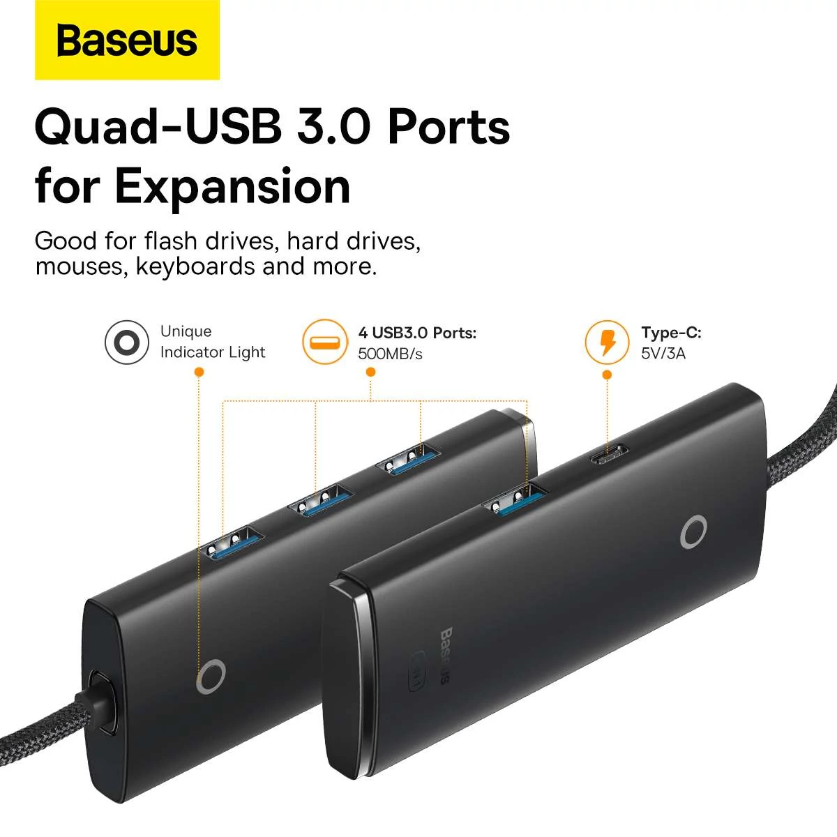 Kép 13/16 - Baseus HUB Lite series 4-in-1 (USB-C bemenetről 4xUSB 3.0 + 1x Type-C 15W) 1m kábellel, fekete (WKQX030401)