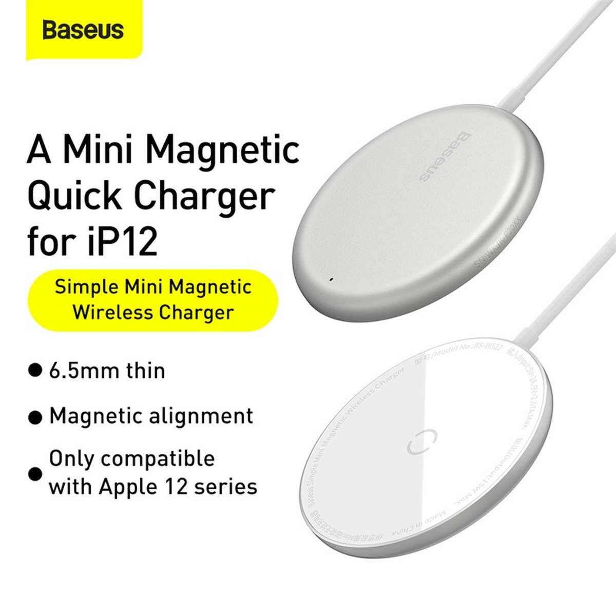 Kép 5/6 - Baseus vezeték nélküli töltő, Simple Magnetic Mini, Type-C kábellel, MagSafe kompatibilis, 15W, fehér (WXJK-F02)
