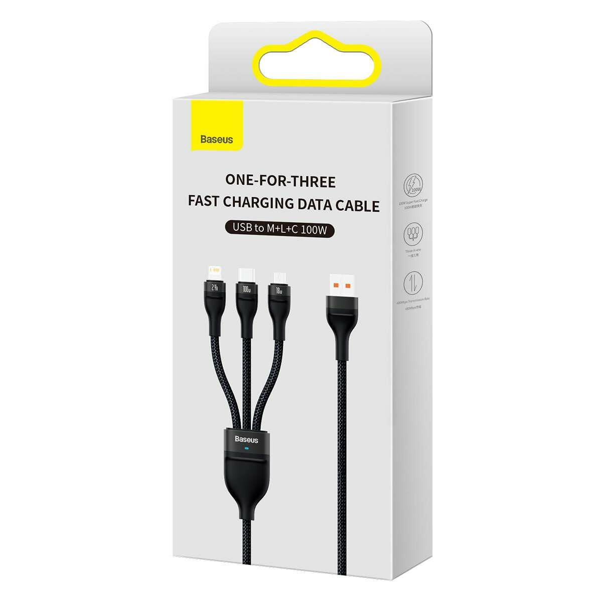 Kép 1/17 - Baseus Univerzális töltő kábel, Flash Series 3-in-1, gyors töltés, (USB-A to Micro + Lightning + Type-C) 100W, 1.2m, fekete (CASS030001)