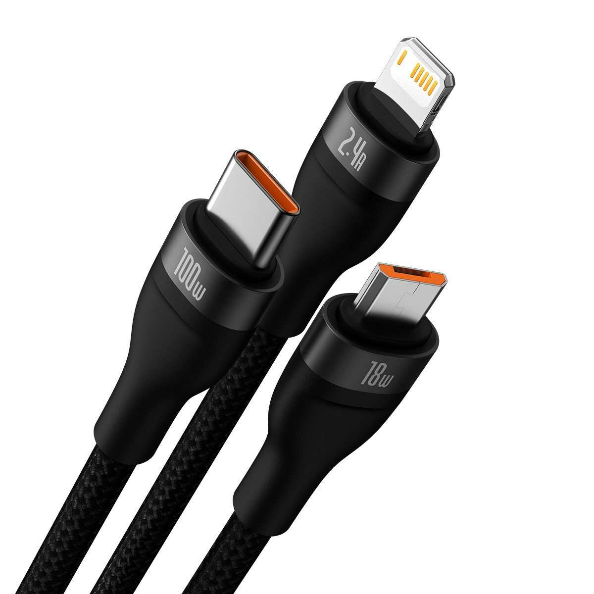 Kép 10/17 - Baseus Univerzális töltő kábel, Flash Series 3-in-1, gyors töltés, (USB-A to Micro + Lightning + Type-C) 100W, 1.2m, fekete (CASS030001)