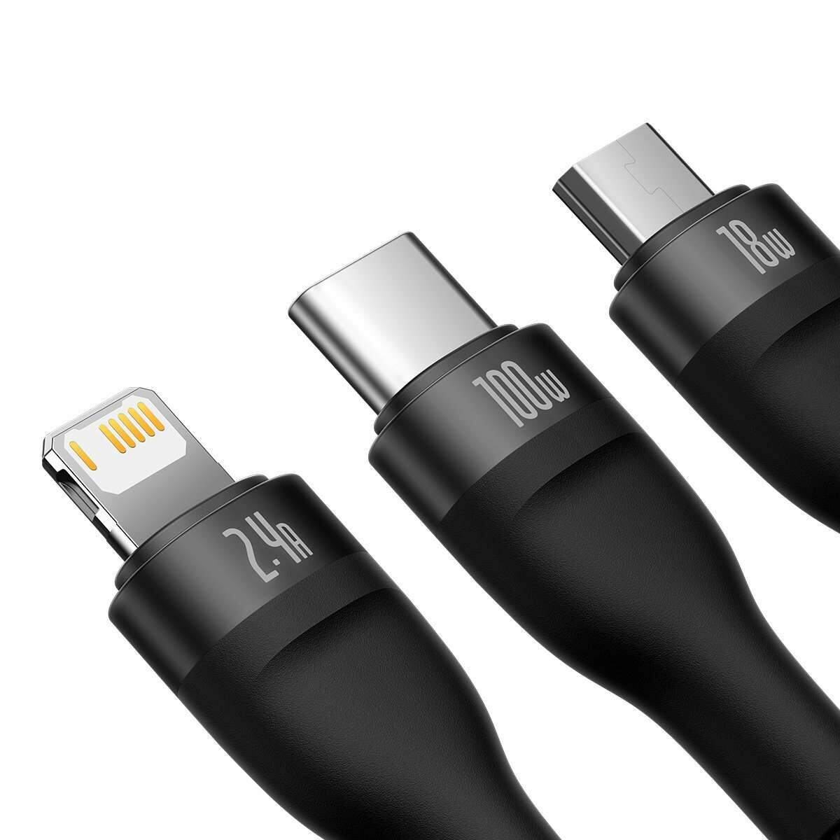 Kép 11/17 - Baseus Univerzális töltő kábel, Flash Series 3-in-1, gyors töltés, (USB-A to Micro + Lightning + Type-C) 100W, 1.2m, fekete (CASS030001)