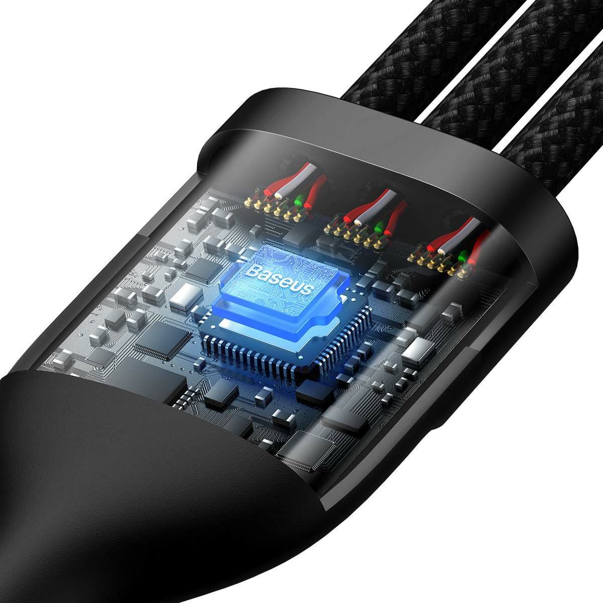 Kép 12/17 - Baseus Univerzális töltő kábel, Flash Series 3-in-1, gyors töltés, (USB-A to Micro + Lightning + Type-C) 100W, 1.2m, fekete (CASS030001)