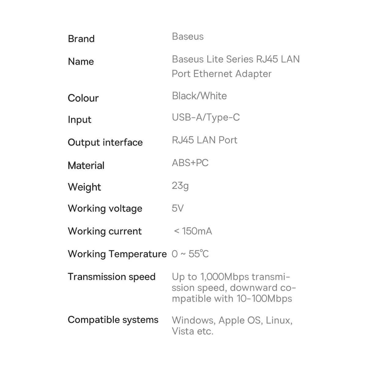 Kép 15/18 - Baseus hálózati adapter, Lite Series, USB Type-C - RJ-45, 1Gbps-ig, fekete (WKQX000301)