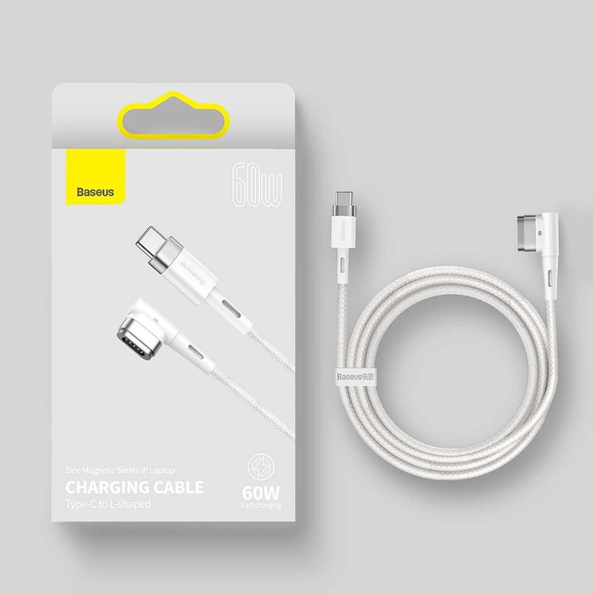 Kép 3/15 - Baseus MacBook töltő, MagSafe Zinc, L-alakú, szögletes, mágneses töltő kábel MacBook Power - USB Type-C, 60W, 2m, fehér (CATXC-W02)
