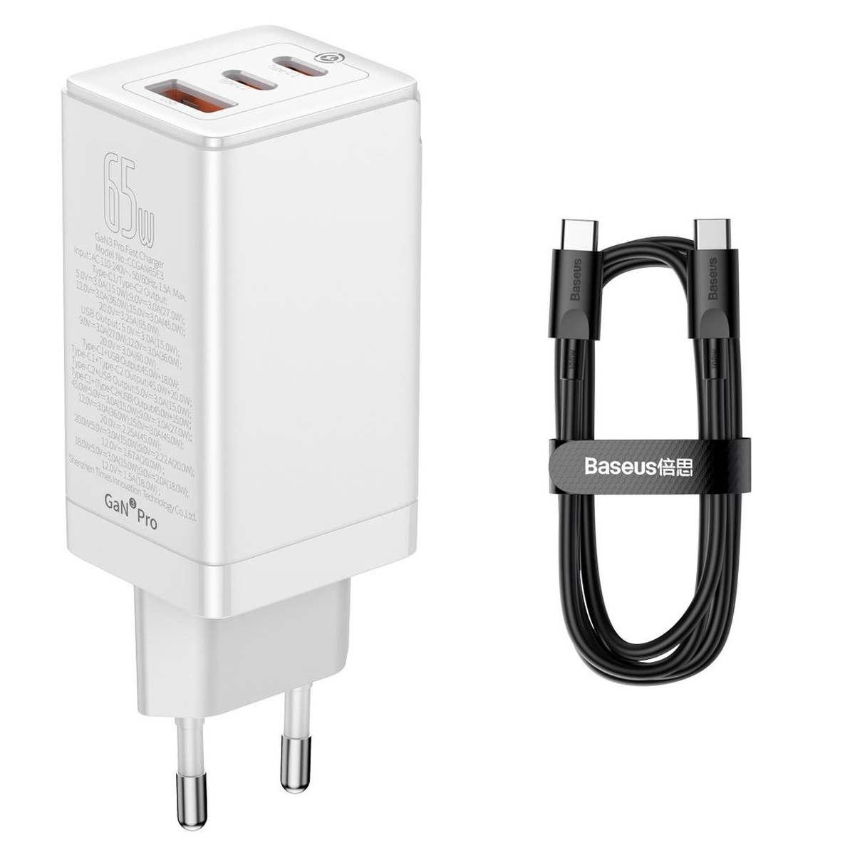 Kép 9/24 - Baseus hálózati töltő, GaN3 Pro Gyors töltő, C+C+U, PD3.0, gyors töltés 4.0 +, AFC (Type-C - Type-C kábellel, 1m) 65W, fehér (CCGP050102)